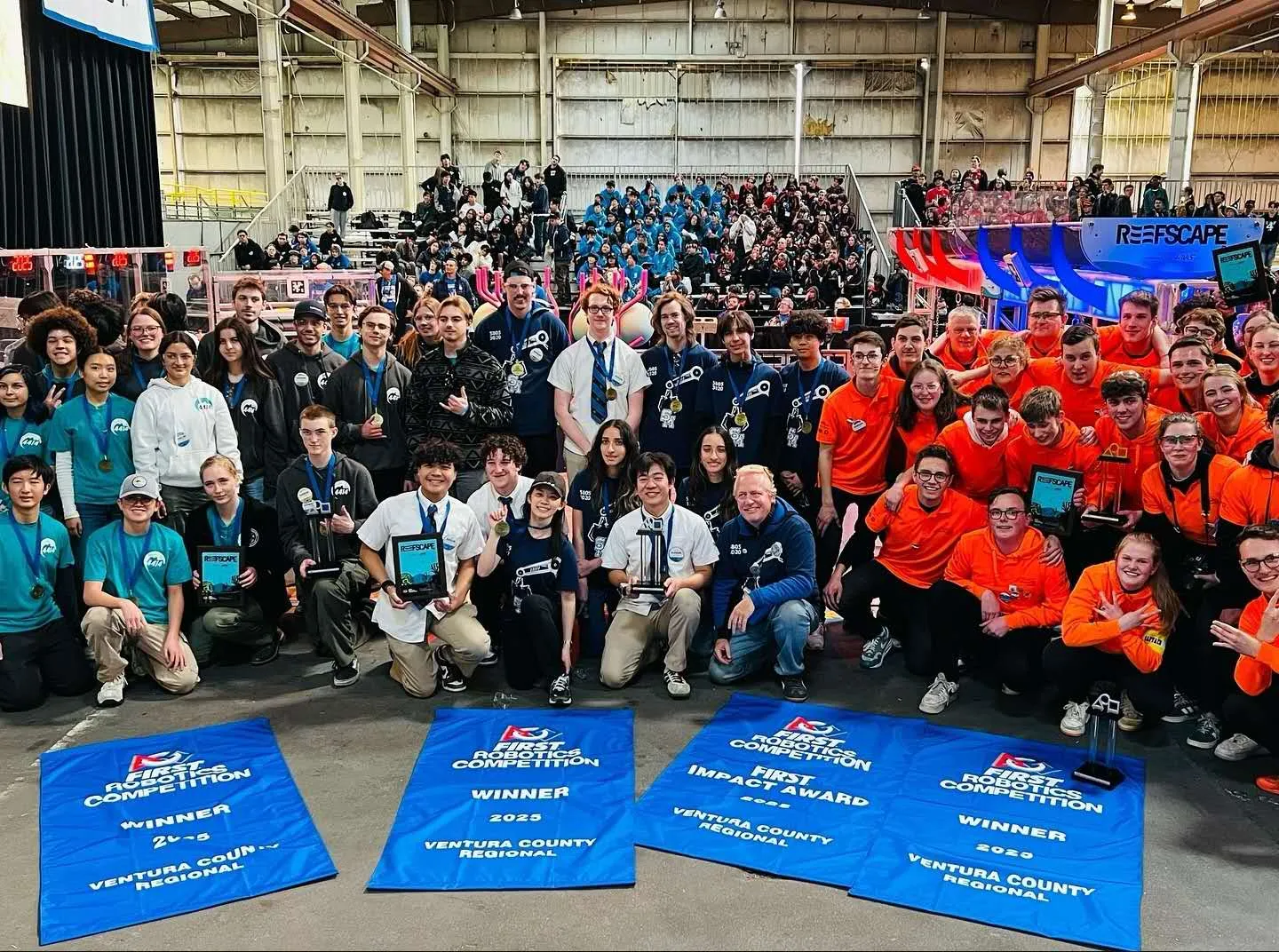 The winning alliance at the 2025 Ventura County Regional with the winner banners