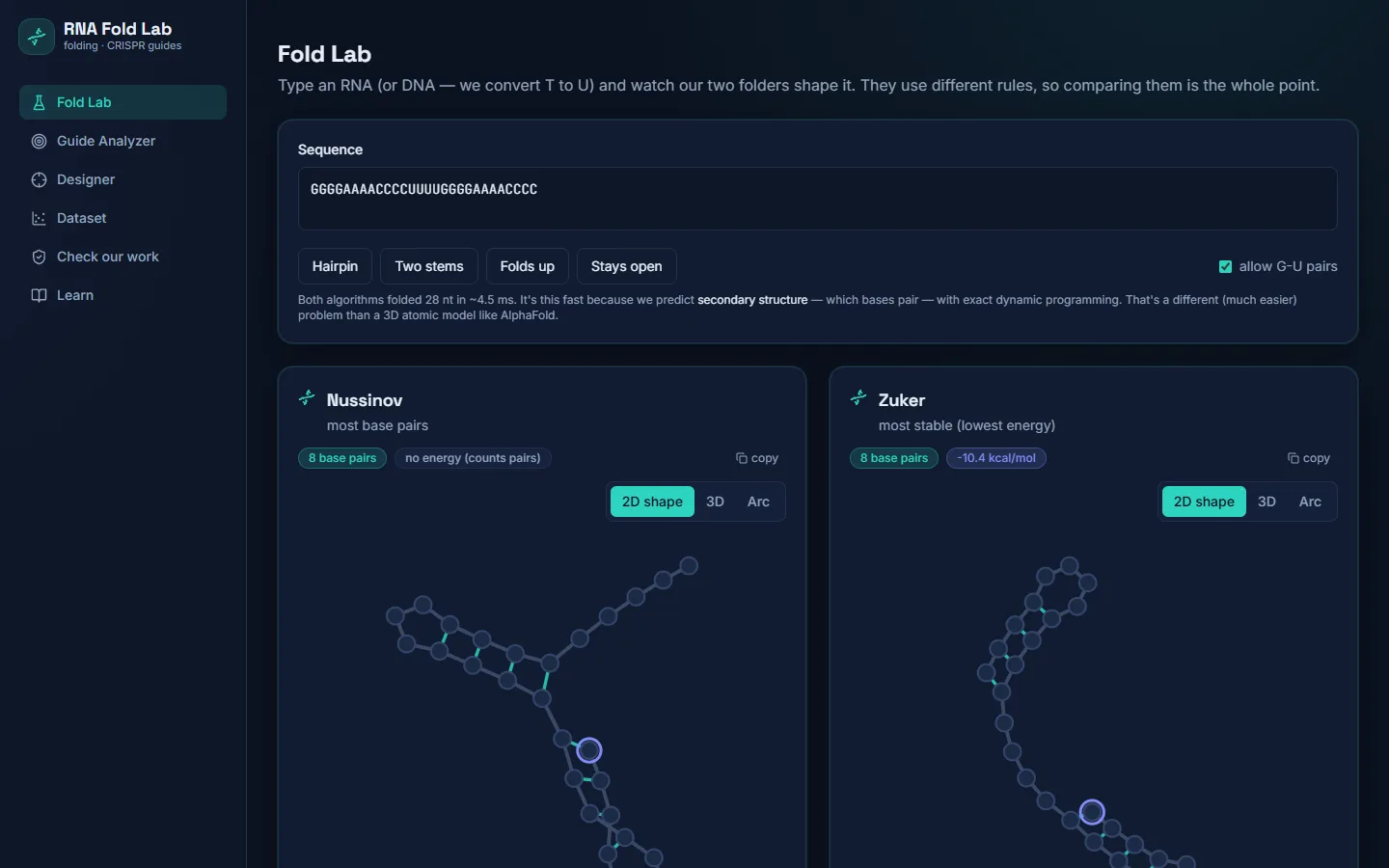 RNA Fold Lab comparing Nussinov and Zuker folds