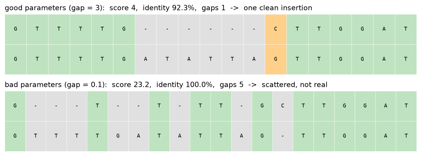 Toy DNA aligned with good and bad gap settings